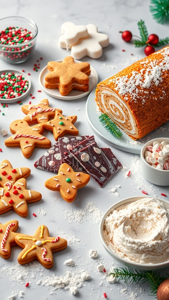 Essential Christmas Baking Hacks A festive baking setup with gingerbread cookies, peppermint bark, and a Yule log cake on a decorated countertop.